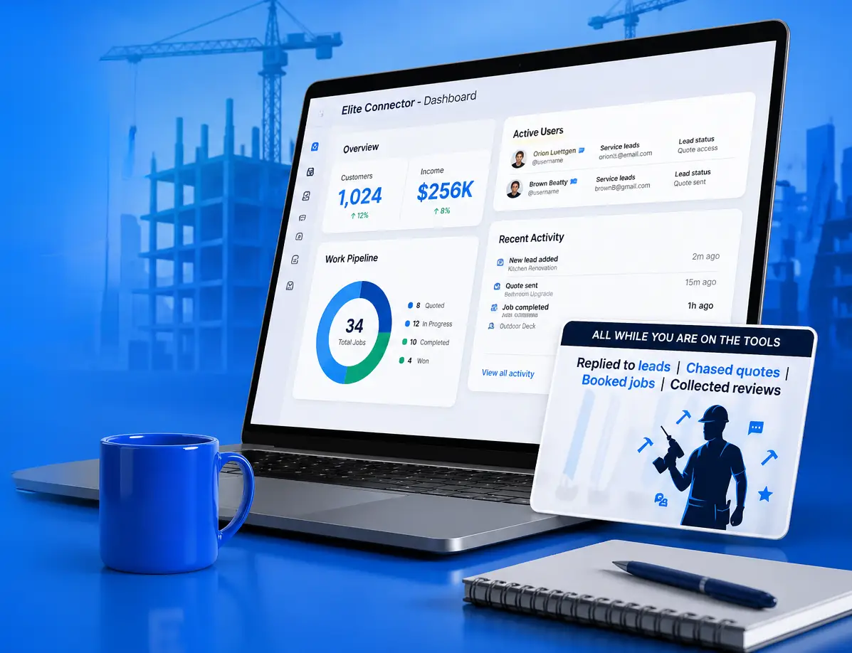 Elite Connector CRM dashboard for UK trades businesses on a laptop