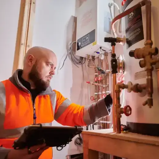 Heating engineer using a tablet on a job site managing work orders with Elite Connector CRM