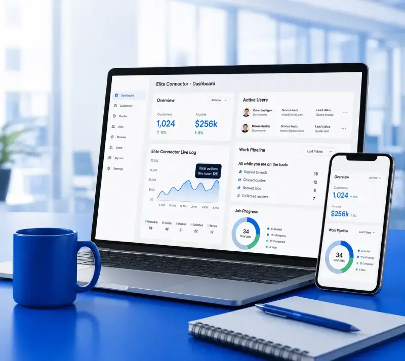A laptop and smartphone on a desk show an analytics dashboard with graphs, KPIs, and user data, next to a blue mug and a spiral notebook.